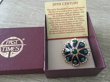 PAST TIMES ART DECO GEOMETRIC/ BLUE/GREEN/CLEAR CRYSTAL/GOLD PLATED BROOCH 