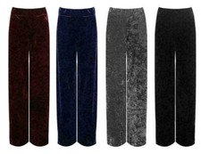 Ladies Plain Velour Velvet Elasticated Wide Leg Trouser Womens Pocket Palazzo