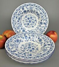 4 Minton Shalimar Soup Plate / Bowl Set. Rimmed. Blue & white bone china. 8 1/8"