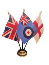 RAF ENSIGN and UNION JACK and ST GEORGE TABLE FLAG SET of 3 flags and base