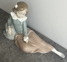 Large Nao Figurine Lladró Pondering Girl Reclining on rock with Flowers   1990 