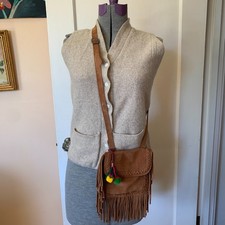 ZARA Cognac Brown Suede Leather Fringe Braide Pompom Western Boho Crossbody Bag