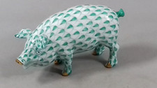 HEREND GREEN FISHNET PIG HUNGARY VINTAGE CURLY TAIL PORCELAIN