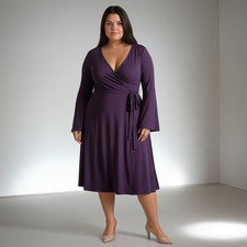 SIZE 14 TO 26 SURPLICE JERSEY DRESS IN PURPLE WRAPOVER BUST MIDI LENGTH