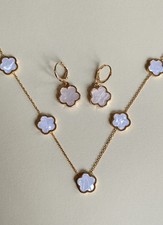 Gold White Clover Necklace and Earrings Set, Gift Set,Pendant, Hoop Earrings, UK