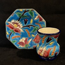 Vtg Emaux de Longwy France Decore a la Main Enameled Petite Vase & Dish D 5685