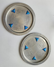 2 x Roundhead Leadless Pewter Enamelled Plates c1910 Swastika Pattern