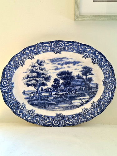 Vintage blue transferware oval - transferware,