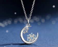 Crystal Snowflake Moon Pendant 925 Sterling Silver Necklace Women Jewellery Gift
