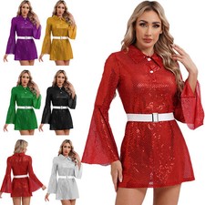 UK Women Sequined Mini Dress Shiny Glitter Party Club Dress Disco Hippie Costume