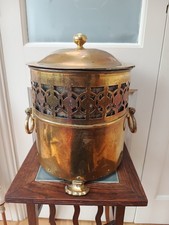 Early 20th Century Brass lidded coal /log bin with liner - Pierced decoration