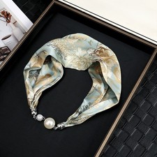 Silk Scarf Necklace with Magnetic Pearl Closure Retro Floral Design for Women