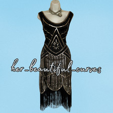 LADIES 20s GATSBY STYLE SEQUINED BEADED FRINGED PARTY DRESS SIZE XXL FITS 16