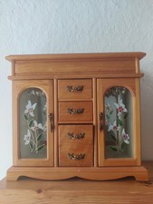 Vintage Wood Jewelry Box Mini Armoire Dual Glass Door Necklace 2 Turns 5 Drawers