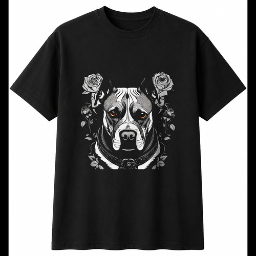 Greyscale pitbull with roses - with,