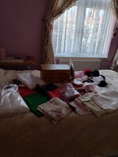 Sewing box and job lot of mixed haberdashery (fabrics off cuts),zips, laces, etc