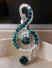 Silver And Green Rhinestone Pretty music Note Brooch