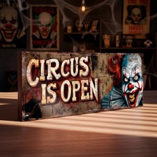 Circus Is Open Sign Creepy Clown Horror Freak Show Spooky Carnival Wall Decor