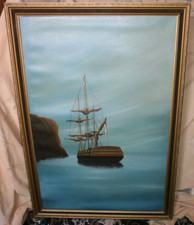 MORLEY WESCOMB - SIGNED '82 LARGE OIL ON CANVAS PAINTING / NAVAL SHIP AT ANCHOR