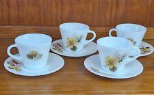 Vintage 1970's Pyrex Milk Glass Tea Cup & Saucer Set X4 Autumn Gold Design
