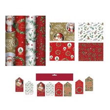 4 Rolls Traditional Christmas Wrapping Paper 7M Gift Wrap & 16 Matching Tags