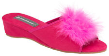 Ladies British Designed Pink Pom Pom Feather Wedge Mules Heel Dress Slippers