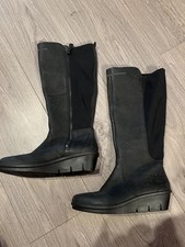 ECCO SKYLER TALL BLACK LEATHER/ & STRETCH LOW WEDGE BOOTS UK 4 “NEW “