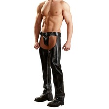Black Men Faux Leather Motorcycle Chaps Loose Long Pants Fringed Thongs Trouser