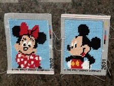2 Walt Disney Needlepoint Canvas  Completed Unframed Mickey Mouse Minnie Mouse 