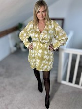 H&M Goldish Yellow Tie Die Long Sleeve Twist Waist Wrap Short Shirt Dress Size M