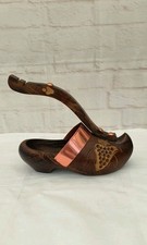 Vintage Wood Copper Clog Wine Holder Rest Carved Handle Brown Shoe Rustic