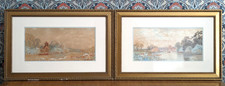 Antique Framed Pair Watercolour River Church Landscape Paintings Amelia Coleman