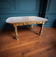 Antique English Oak Turned Legs Gothic Revival Country Dining Table 6/8 Seater