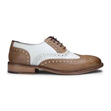 Mens Tan White Gatsby Oxford Leather Classic Formal Laced Vintage Brogue Shoes