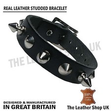 New 100% Real Leather Conical Spike Handmade Bracelet Wristband Made In England