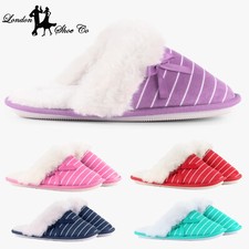 Ladies Slip On Striped Fur Slippers Size 3 to 8 UK - WOMENS WINTER WARM MULES