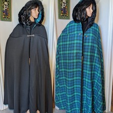 Vintage 60s Black Green Check Reversible Long Full Length Hooded Cloak Hood Mod