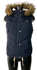 HOLLISTER VEST GILET JACKET MEDIUM BLACK Hooded Detached Faux Fur Padded Puffer