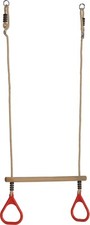 WOODEN TRAPEZE BAR WITH RED GYM RINGS +ROPES FOR GARDEN SWINGS-BNIB- FREEPOST