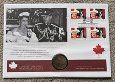2015 FDC Longest Reigning Monarch. Canadian Medal & 4 Canadian Stamps.