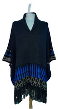 ETRO GREY BLUE SILK WOOL SUEDE FRING PONCHO LOOSE FIT SIZE L/XL NEW TAGS