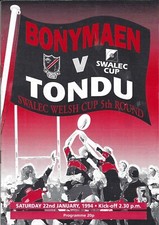 Bonymaen v Tondu - Welsh cup - 5th round 22 Jan 1994 RUGBY PROGRAMME