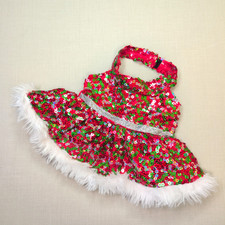 Build-A-Bear Red & Green Sequin Christmas Dress with White Fur Trim