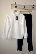 CITY COMFORT CREAM FLUFFY HOODIE+NAVY VELOUR TRS LOUNGEWEAR SET SIZEMEDIUM 12/14