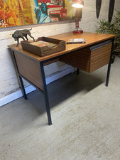 Mid century teak desk home office metal industrial legs retro vintage file draw