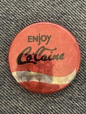 True Vintage 1970s Tin Pin Badge ‘Enjoy Co-Caine’ Holographic Pink Pop Culture