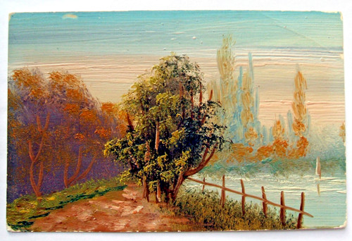 Postcard country scene by a - -,