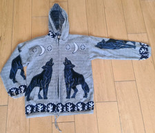 Vintage Andes Artesania Wool Hoodie Graphic Full Zip Howling Wolf Size XL Grey