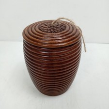 Vintage Hand Carved Wooden Twine Dispenser Storage Box String Holder Ribbed 13cm
