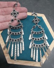 CLIP ON Huge Chandelier 5"Long EARRINGS Faux Gem Black/Antique Silver Tone